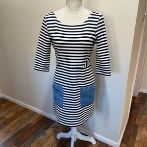 Anthropologie Tabitha Navy & White Striped Ponte Knit Marin Dress w/Pocket Sz 4